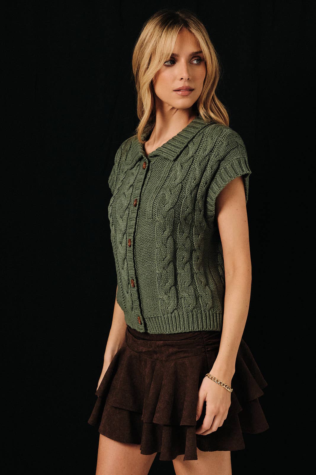Cable Knit Button Up Sweater Vest