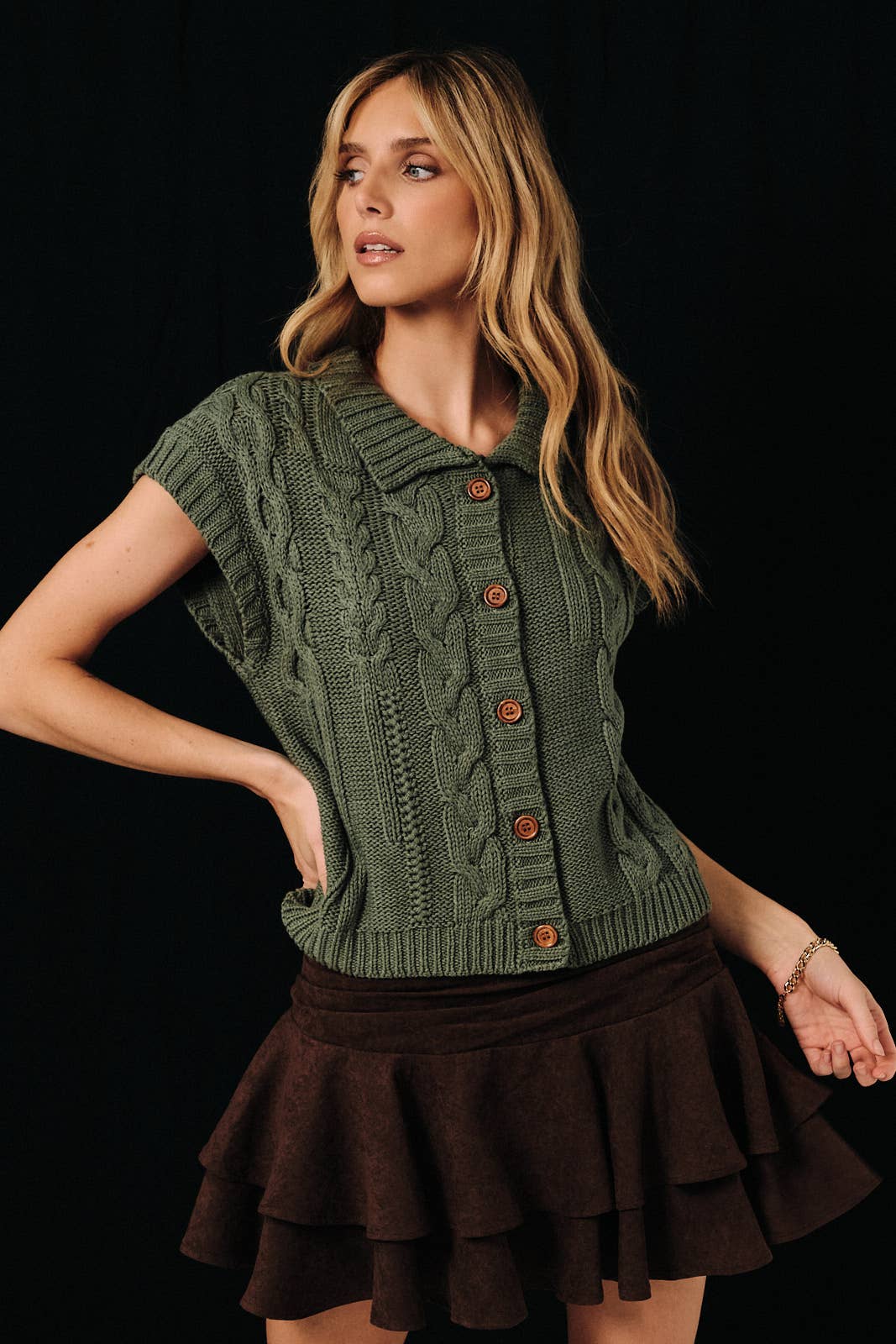 Cable Knit Button Up Sweater Vest